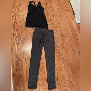 Athleta XS Womens Black Workout Tank with Full Length Black Patterned Leggings